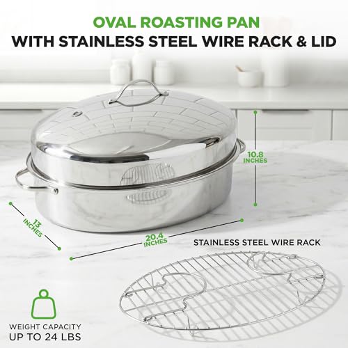 20-Inch Stainless Steel Roasting Pan with Rack and Lid - Oven & Dishwasher Safe