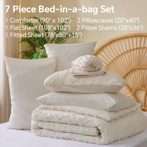 BEDELITE King Comforter Set 7 Pieces - Boho Cream White Bed in a Bag, King Size 102x90"