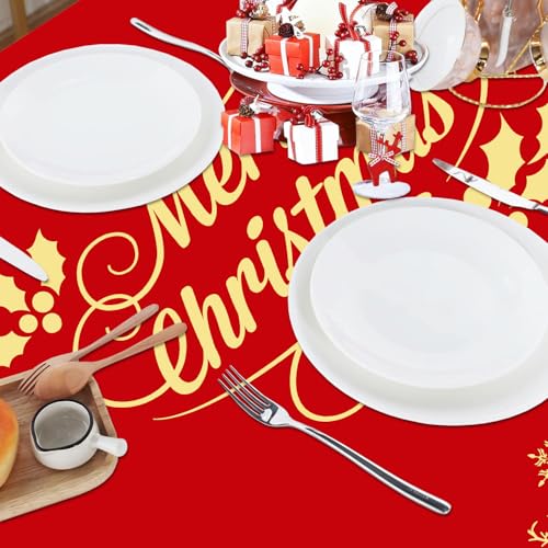 Faptoena Christmas Deer Oval Tablecloth 54x72 Inch Red with Gold Accent