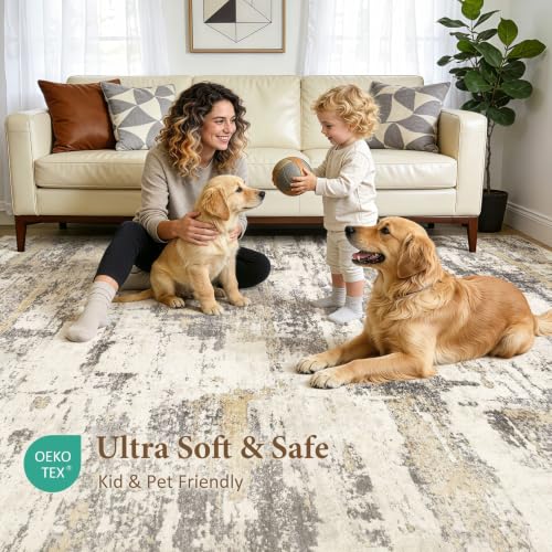 Jessibou 7x9 Gold Brown Abstract Washable Rug for Living Room
