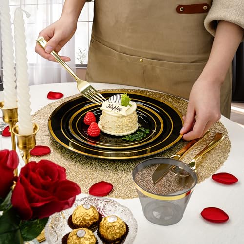Black Gold Disposable Dinnerware Set for 50 Guests - 350 Pieces