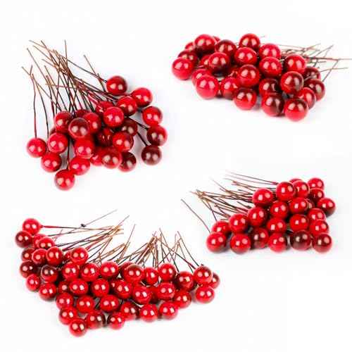 DIYASY 240 Pcs Artificial Holly Berries, Mini 10 mm Christmas Fake Berries with Wire Stems Xmas Red Berry Stems Picks for Christmas Tree Decorations Wreath Craft Wedding Party Decor