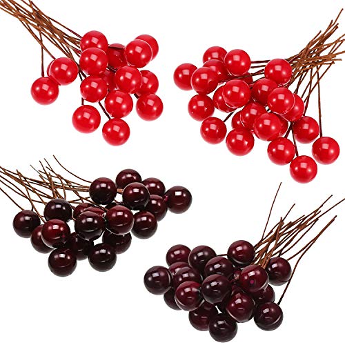 BBTO 100 Pcs Artificial Holly Berries (Dark Red, Red) on Wire Stems for Christmas Decor