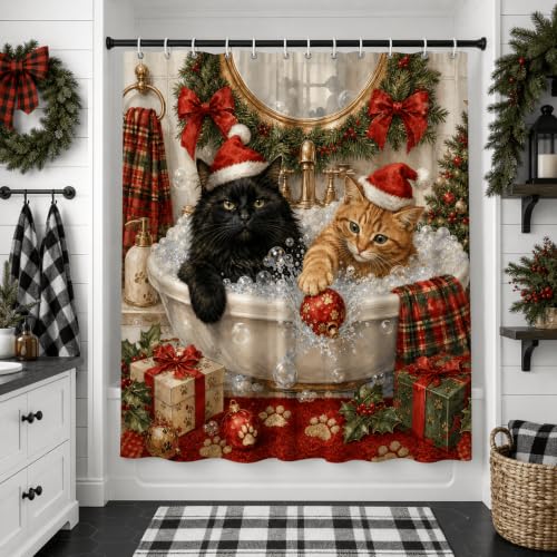 Christmas Cat Shower Curtain 72x72 Inch Waterproof Polyester with Cats in Bubble Bath - Holiday Pet Bathroom Decor, Includes 12 Hooks - Christmas Cat Bath Variant