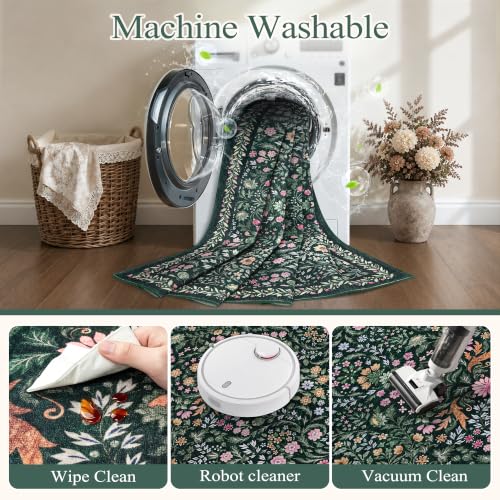 Tosuoka 8x10 Dark Green Washable Boho Floral Area Rug for Farmhouse & Living Room
