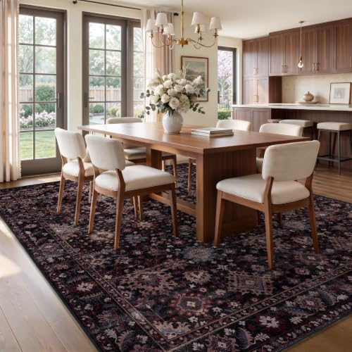 Dark Vintage Boho Area Rug 8x10 Rectangular Oushak Style with Non-Slip Dots