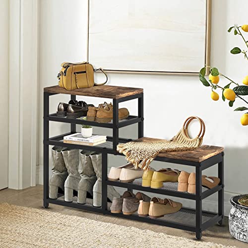 5-Tier Shoe Storage Bench with Seat - Industrial Brown Shoe Rack Organizer