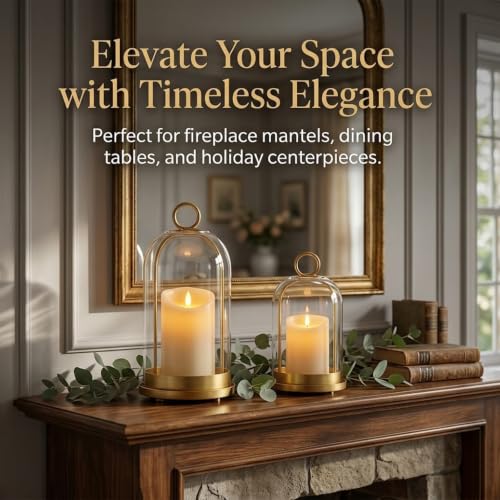 Gold Hurricane Candle Holders Set - Vintage Lanterns with LED Candles, 4” & 5”