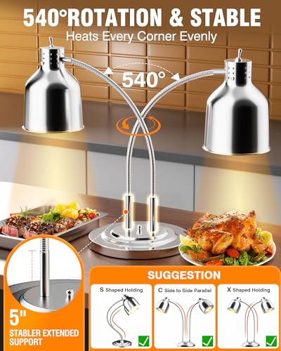 Food Heat Lamp Polished Silver 2-Head 500W Restaurant Food Warmer with 2 Bulbs