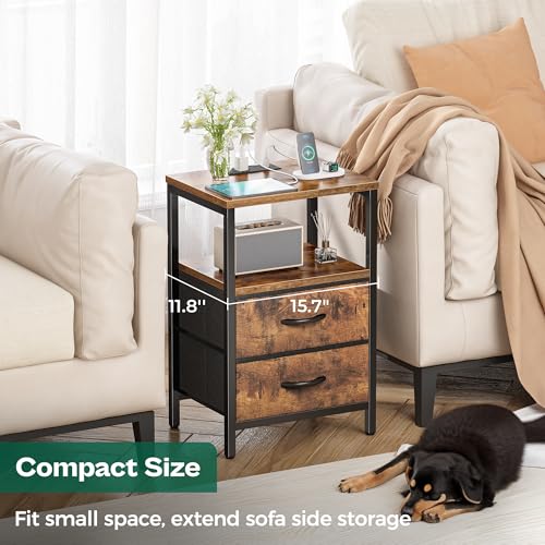 Huuger Rustic Brown Nightstands Set of 2 with Charging Stations, 2 Drawers, 15.7x23.6 inches