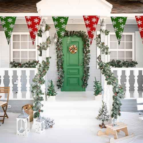 100FT Christmas Plastic Flags, Holiday Pennant Banner, Green and Red Garland with White Snowflakes, Xmas Decoration Triangle Flags, Winter Decoration Bunting Banner, by Bashout