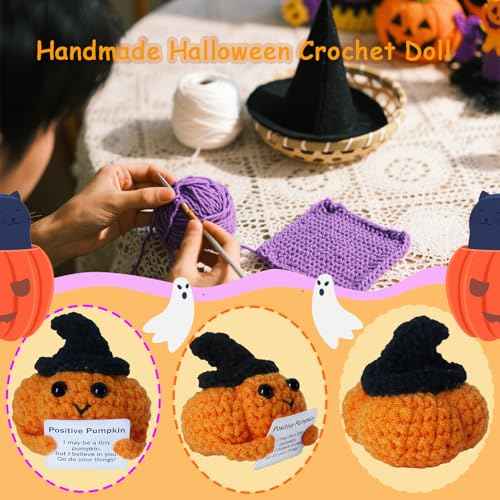 Halloween Positive Pumpkin Emotional Support Crochet Doll Decor Halloween Basket Stuffer for Women Men Funny Handmade Hat Pumpkin Doll Christmas Stocking Stuffers for Girls Boys Party Decoration