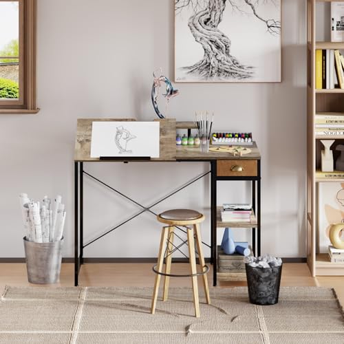 X-cosrack Rustic Brown Adjustable Drafting Table with Storage Drawer & Monitor Stand