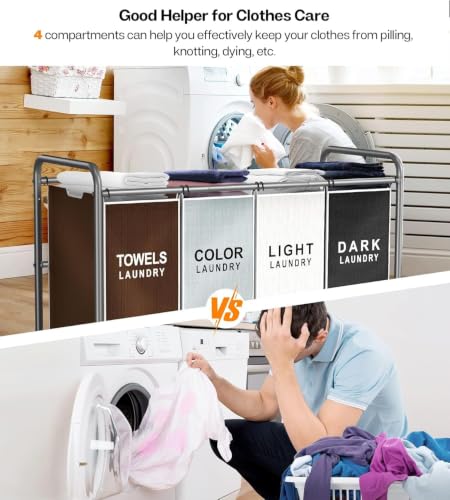 Multicolored ROMOON 4-Section Laundry Hamper Cart with Lockable Wheels & Organizer
