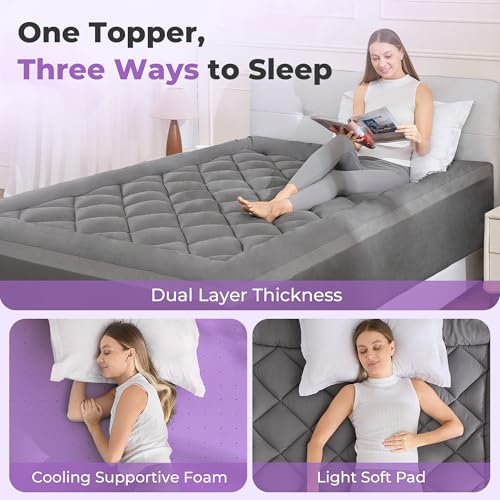 SINWEEK King Size Dual Layer Memory Foam Mattress Topper Gray 5 Inch Gel & Plush Pillow Top