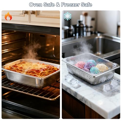 1/2 Size Stainless Steel Hotel Pans with Lids - 4 Pack, 4 Inch Deep, Commercial Food Storage & Catering