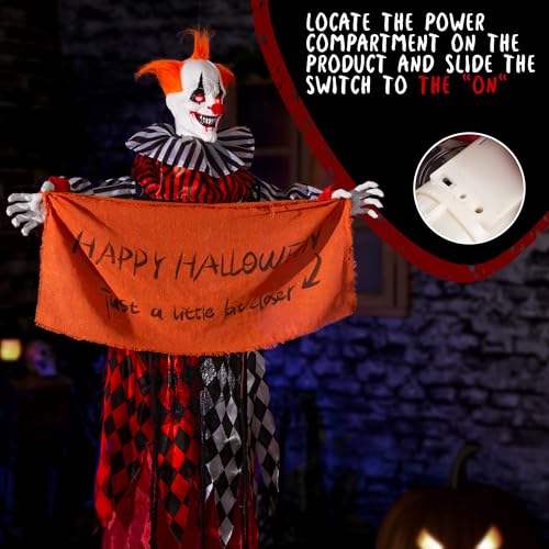 Halloween Animatronic Hanging Clown 5ft with Banner Sound & Lights - Creepy Indoor Outdoor Decor