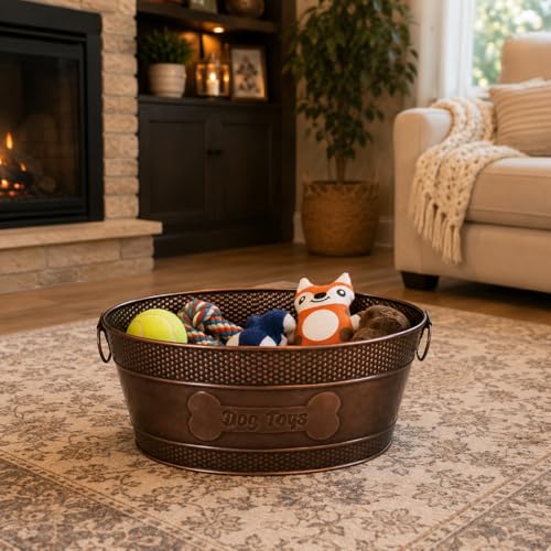 Antique Copper Copper Metal Pet Storage & Dog Toy Bin with Handles - Indestructible