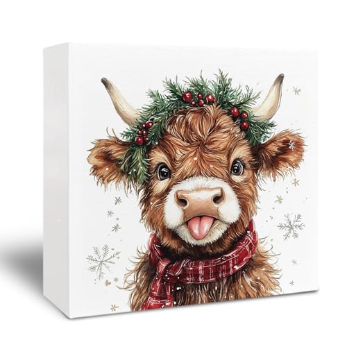 Cow Variation Christmas Western Wooden Sign - 5x5 Inch Box Decor, Highland Baby Snowy Home & Kitchen