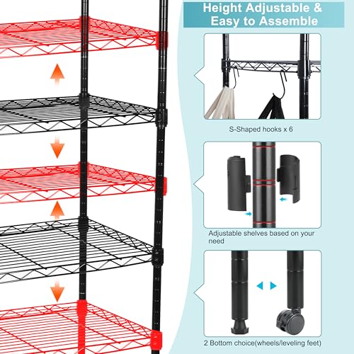Black 6-Tier Heavy Duty Storage Shelves with Wheels - 30x14x70 Inches