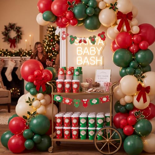 FoldTier 100 Count Santa Baby Coffee Cups with Lids & Sleeves - 12 oz (Red/Green) Baby Shower Set