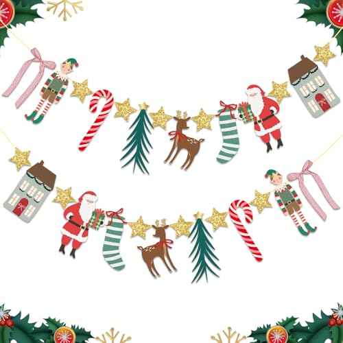 2PCS Vintage Christmas Party Banner, Christmas Hanging Garland with Santa Claus Elk ChristmasVillage Design for Xmas Holiday Fireplace Mantle Window Decor