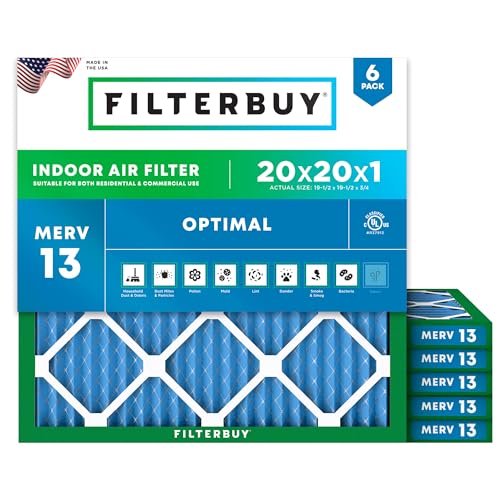 Filterbuy 20x20x1 MERV 13 Air Filter - 6-Pack, Electrostatic Pleated HVAC Replacement, Made in USA (Actual Size: 19.50 x 19.50 x 0.75)