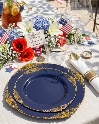 Nervure Navy Blue & Gold 350-Piece Disposable Dinnerware Set for 50 Guests