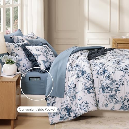 Rain Washed Oversized Queen Comforter Set 7 Pieces Blue Floral Bed in a Bag
