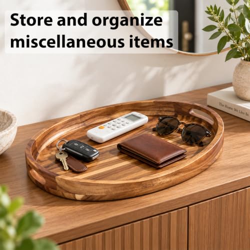 Acacia Wood Serving Tray with Handles - 17x13 Inch Round Ottoman Table Decor Variation of THIS listing