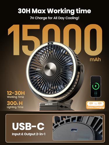 Rechargeable Clip-On Fan with LED Light for Camping and Golf Carts - 15000mAh Portable Fan