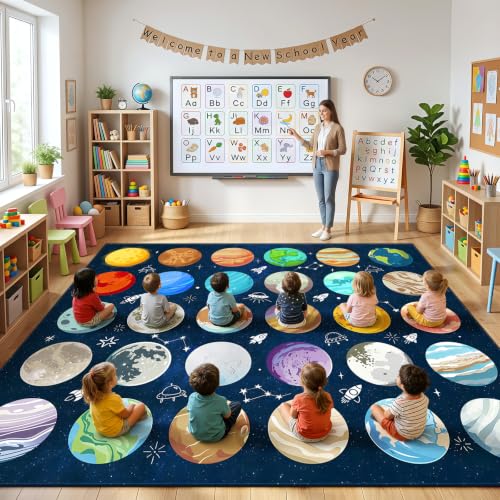 Kimicole 10x12 ft Classroom Rug with 30 Planet Spots for Preschool & Elementary