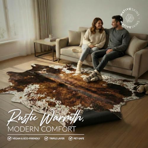 NativeSkins Brown Faux Cowhide Rug 4'7"x6'7" Semicircular Washable Non-Shedding