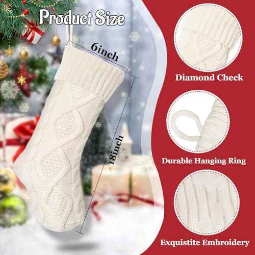 Personalized Stockings Christma, Christmas Stockings, 18 Inches Large Knitted Xmas Stocking for Holiday and Family Stocking for Fireplace Christmas Holiday Party Decoration (White)