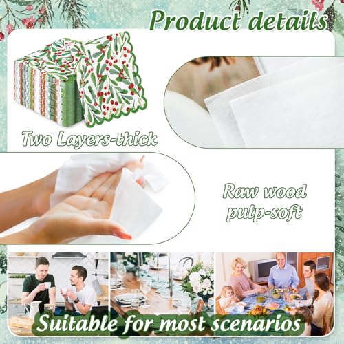 100Pcs Christmas Holly Berry Cocktail Napkins - Disposable Holiday Party Decor
