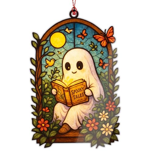 RUSATEN Gothic Bat Suncatcher Halloween Window Decor with Crescent Moon - Ghost Book Variation