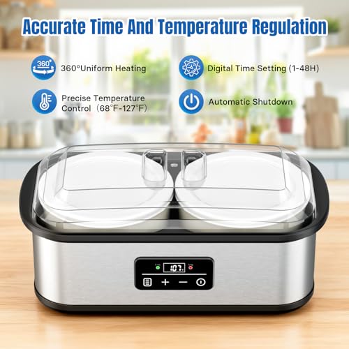 Probiotic Yogurt Maker with 1-48 Hour Timer & Temp Control - Two Glass Bowls