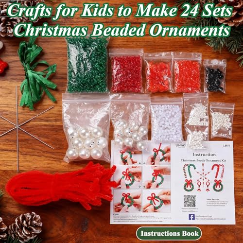 DIY Christmas Beaded Ornament Kits - Snowman, Wreath, Candy Cane & Snowflake Decorations, 24 pcs