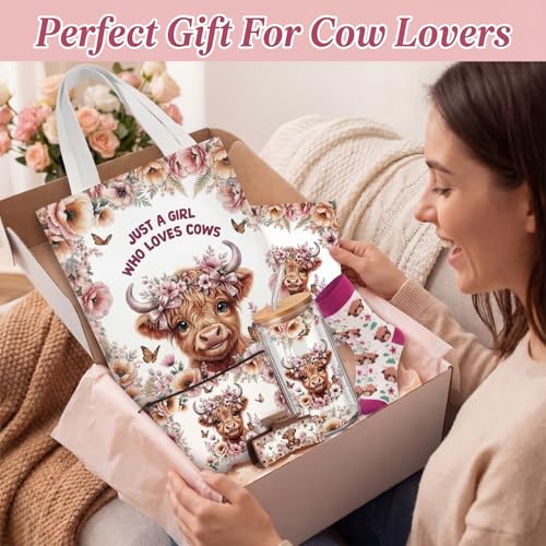 Skylety Flower Cow Gifts Set – Highland West Cow Theme, Spring Edition, 8 Pcs