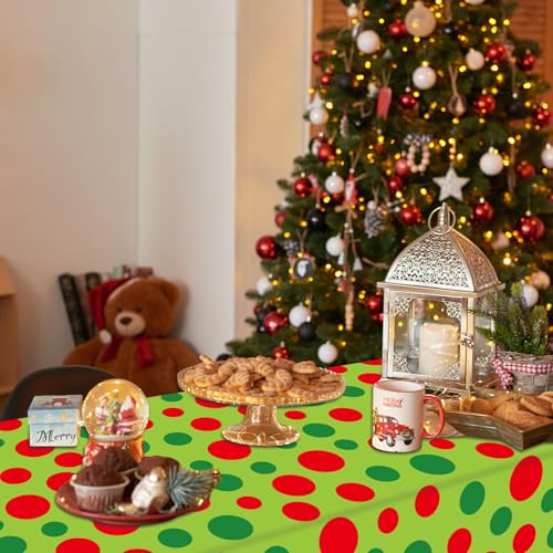 3Pcs Christmas Disposable Tablecloth Red Green Polka Dot Table Cover Rectangle Plastic Table Cloth for Xmas Party Decoration, 54 x 108 Inch