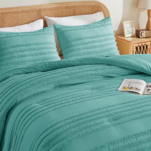 Queen Boho Comforter Set - Aqua Tufted Bedding with Pillowcases