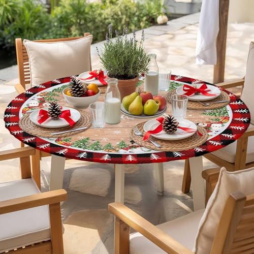 Chees D Zone 60-Inch Christmas Snowman Round Tablecloth with Elastic Edge, Fitted Holiday Cover, Rustic Wood Grain Design, Fits 55-60 Inch Tables