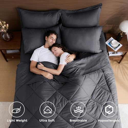 HEVUMYI 7-Piece California King Comforter Set Dark Gray Bed in a Bag - Cal King (104x96")