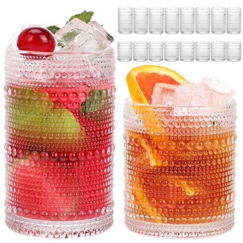 16PCS Clear Hobnail Drinking Glasses Set - 8 Highball (12oz) & 8 Cocktail (10oz) Vintage Water Cups