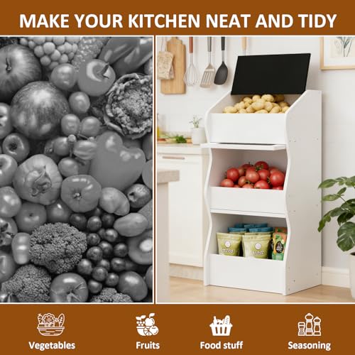 White Potato and Onion Storage Bin with 3-Tier Rustic Kitchen Organizer