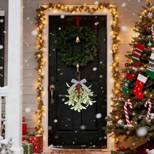 Mistletoe Christmas Decor, Artificial Hanging Mistletoe Picks with Plaid Bow Red Berries,Like Real Christmas Kissing Ball Ornaments for Kitchen Doorway Tree Decorations