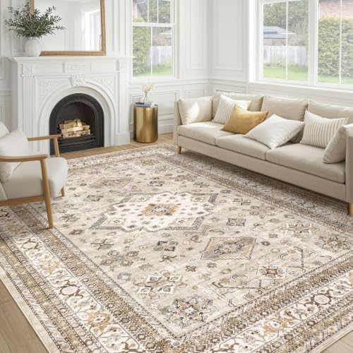 8x10 Beige Area Rug - Washable Traditional Vintage Carpet for Living Room