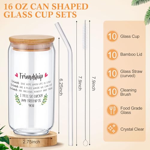 Reallnaive Friendship Glass Cups - Set of 10 with Bamboo Lids & Straws, Gift for Friends & Family
