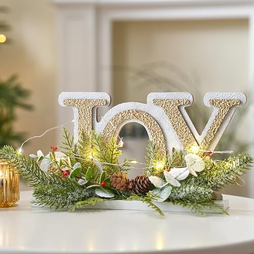 Lighted White and Gold Christmas Joy Sign Decoration Indoor - Festive Holiday Decor