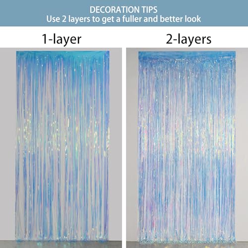Melsan Iridescent Foil Fringe Backdrops Party Decorations - 3.2 x 6.5 ft Metallic Tinsel Photo Backdrop Curtains for Mermaid Unicorn Birthdays Parties - Iridescent 2 Packs